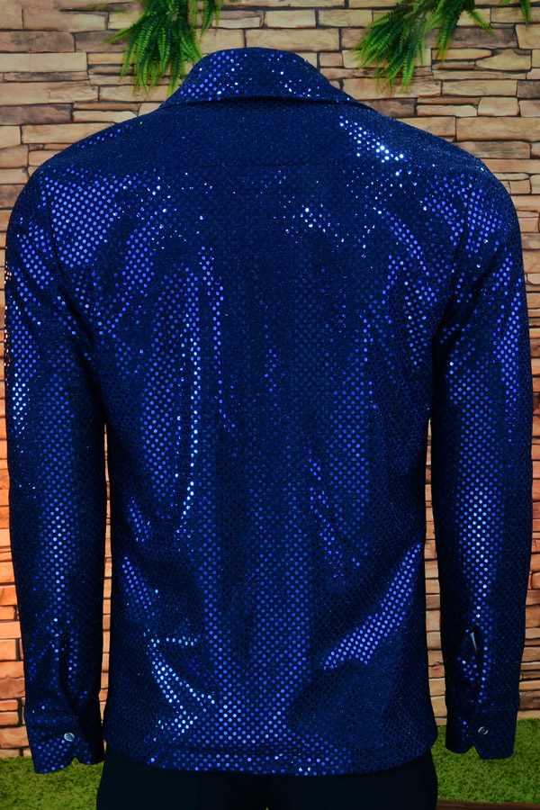 Men’s Navy Blue Sequin Disco Shirt – 70s Collar Long Sleeve - Image 2