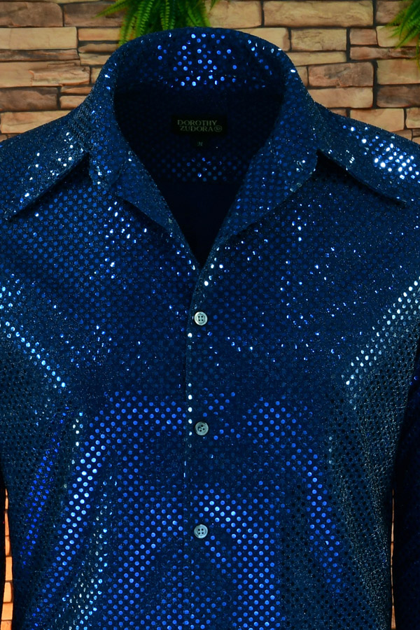 Men’s Navy Blue Sequin Disco Shirt – 70s Collar Long Sleeve - Image 3