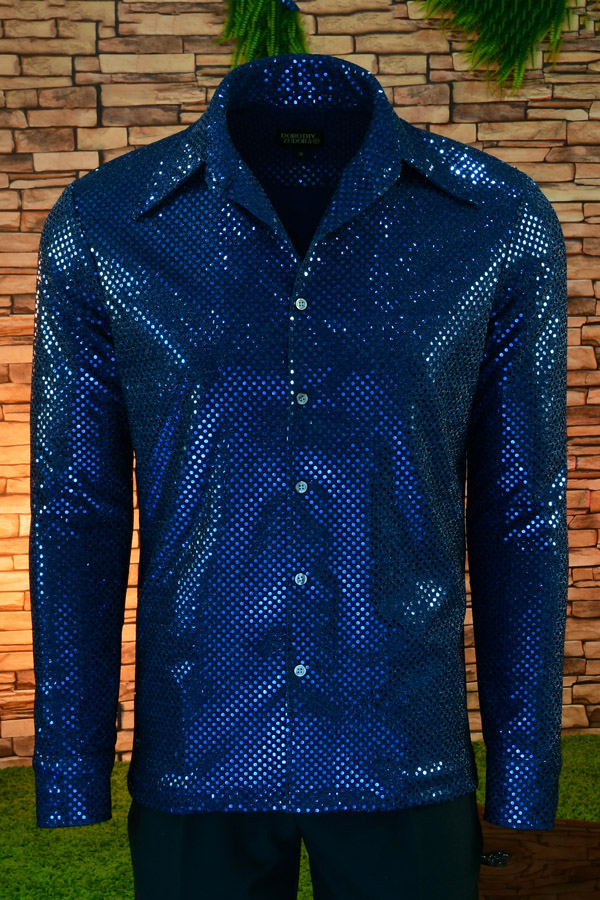 Men’s Navy Blue Sequin Disco Shirt – 70s Collar Long Sleeve - Image 6