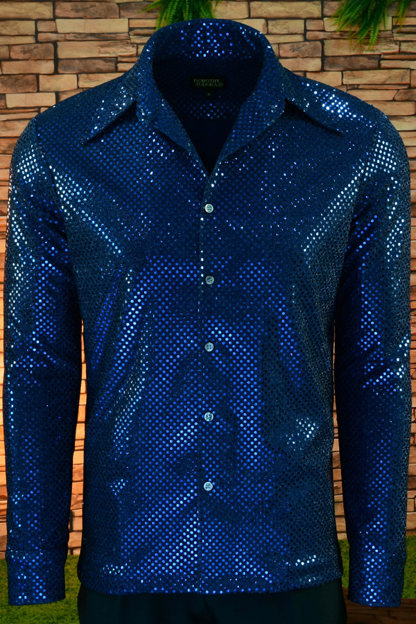 Men’s navy blue sequin disco shirt with 70s collar long sleeve front view