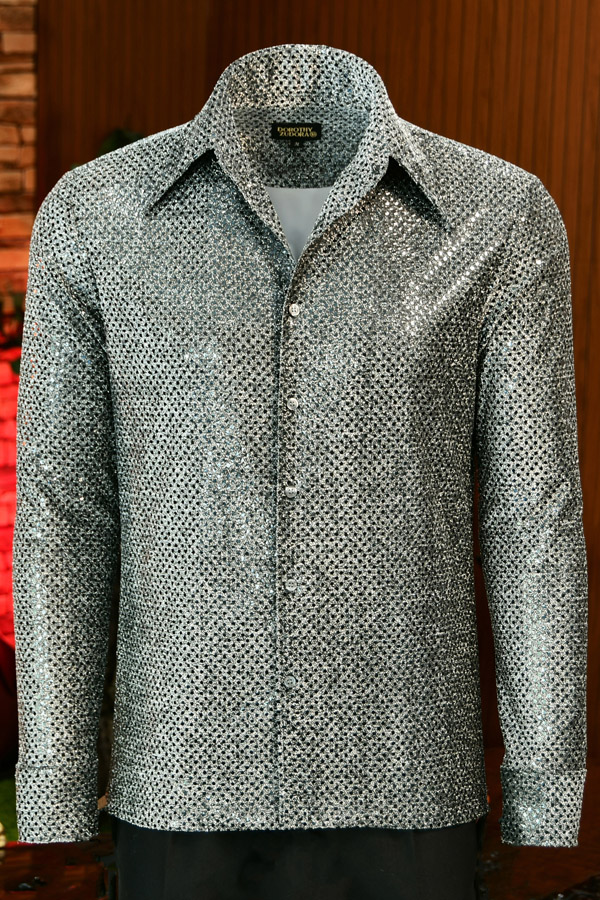 Men’s Silver Sequin Disco Shirt – 70s Collar Long Sleeve