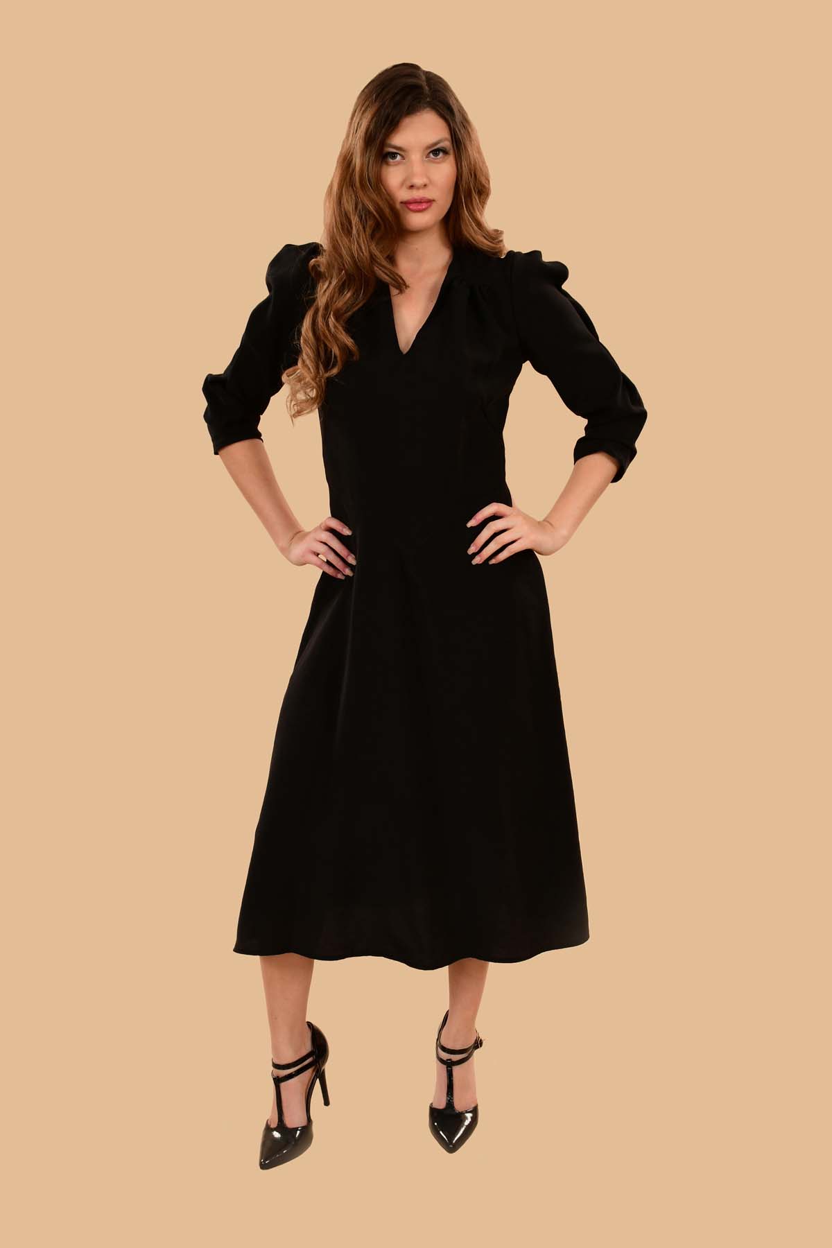 Black Midi Dress | Buy a Rayon Ava Black Midi Dress with Sleeves