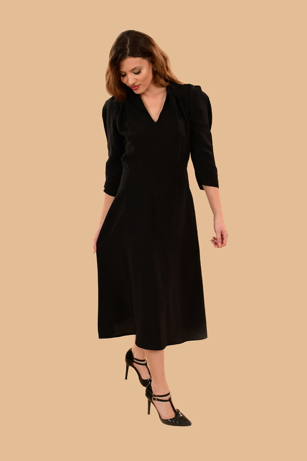 Ava Puff Sleeve Pleated A Line Rayon Black Midi Dress