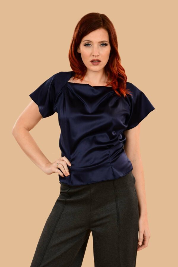 Katherine Navy Silk Stretch Charmeuse Tailored Perfect Evening Blouse