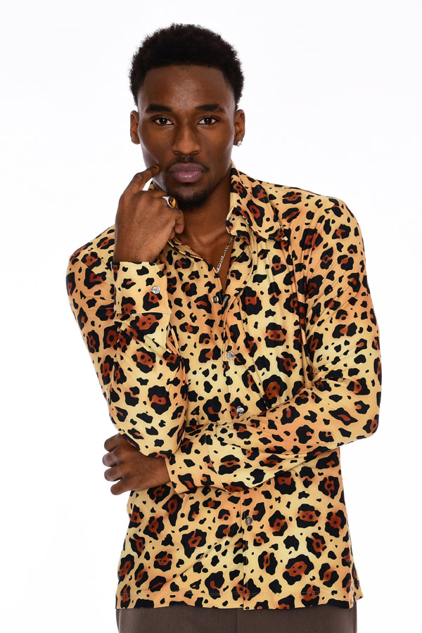 Mens 70s Leopard Print Button Up Stretch Long Sleeve Shirt - Large Print