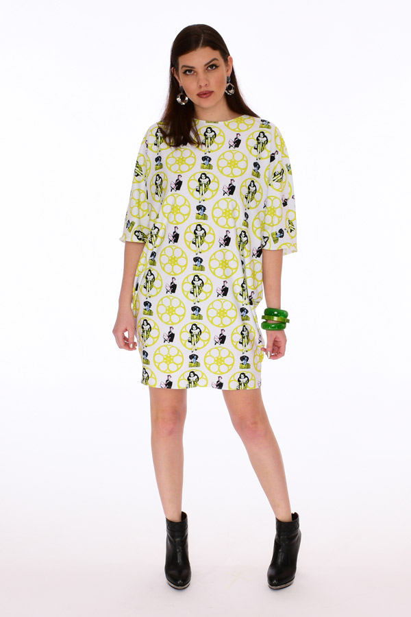 Rosemary 60s Pop Art Short Tunic Caftan Dress - Chartreuse Reel Noir