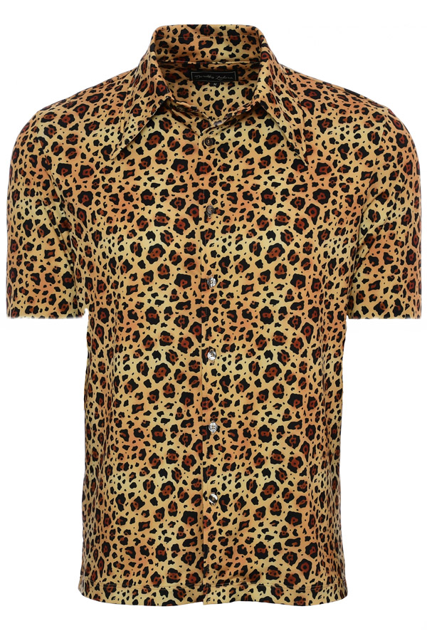 Mens 70s Leopard Button Up Short Sleeve Shirt - Small Print