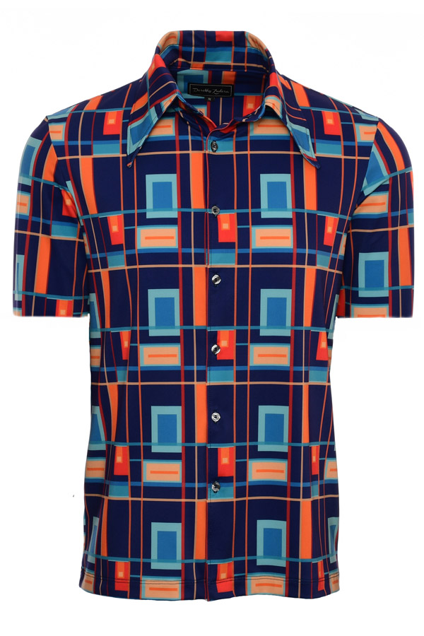 Mens 70s Blue Orange Retro Button Up Short Sleeve Shirt - Matrix Source ...
