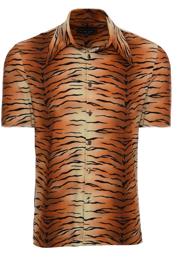 Mens 70s Vintage Tiger Print Short Sleeve Shirt - Large Print XL