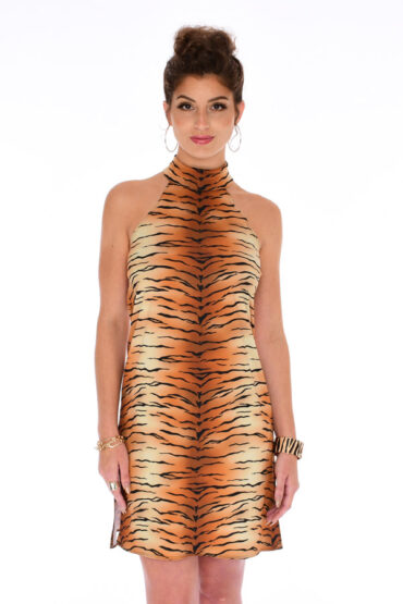 Naomi Mock Neck Sleeveless Dress Large Tiger Print