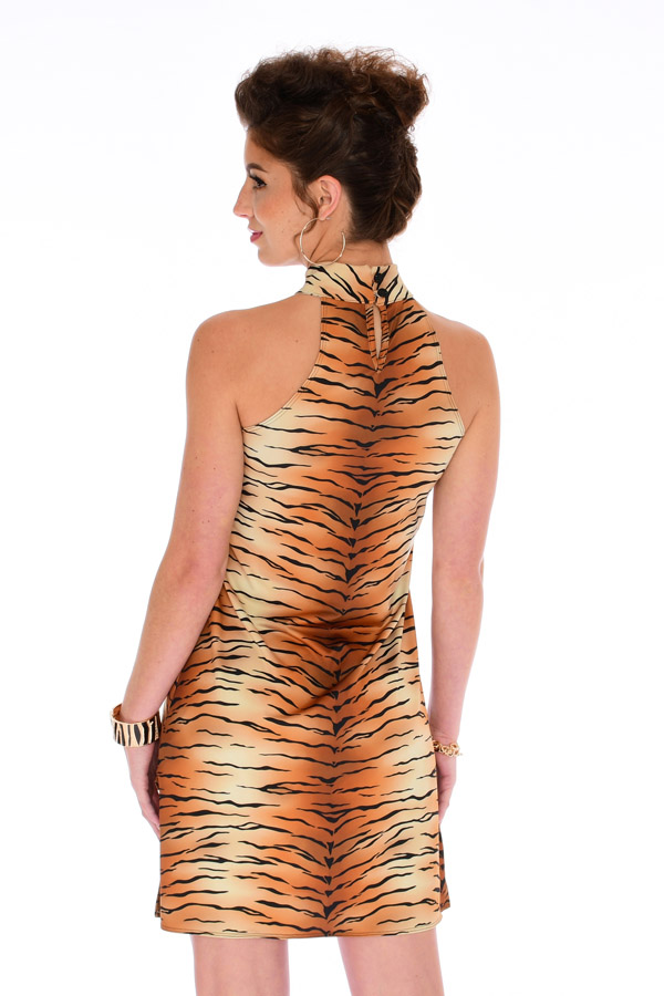 Naomi Mock Neck Sleeveless Dress Large Tiger Print