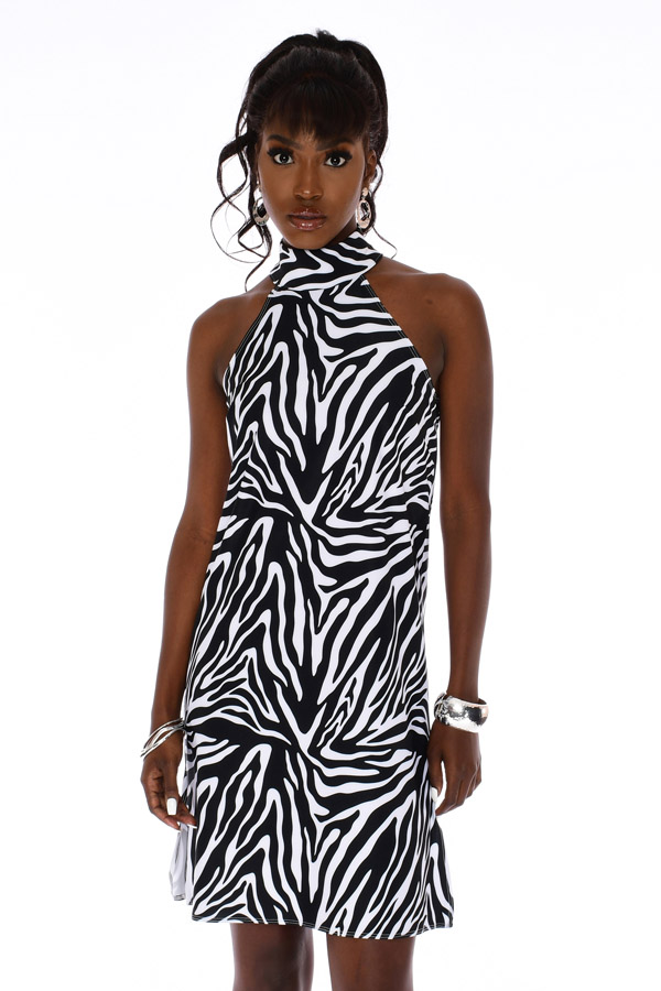 Naomi Zebra Sleeveless Shift Dress Black White Small Print