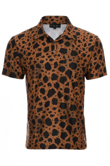 Mens Brown Cheetah Print Jersey Knit Tennis Golf Polo Shirt