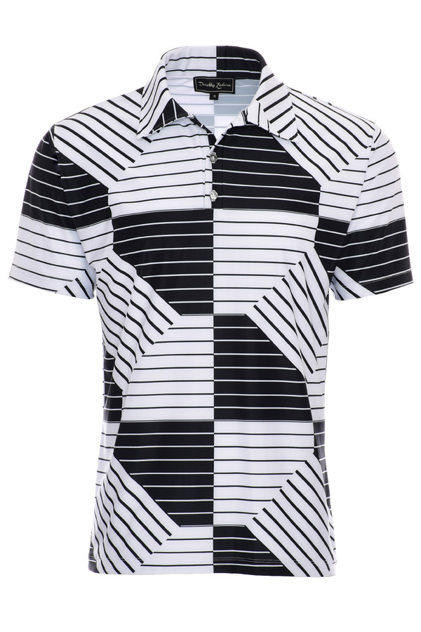 Mens Checkered Geo Black White Striped Stretch Golf Polo Shirt - Mixed Signals
