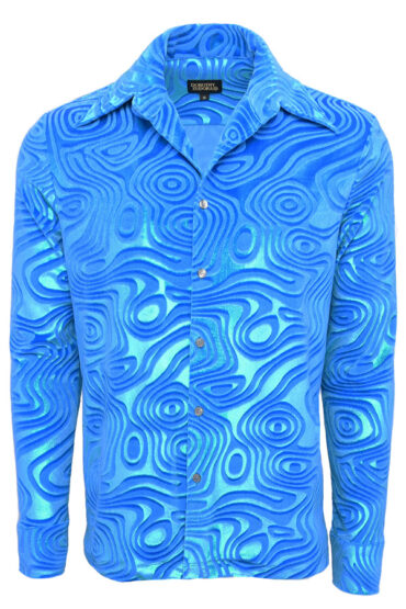 Men’s Pacific Blue Metallic Swirl Velvet Shirt – 70s Long Sleeve
