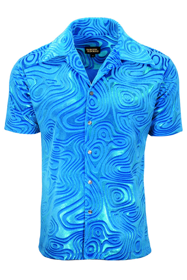 Men's Pacific Blue Party Shirt – 60s Style Metallic Swirl Velvet